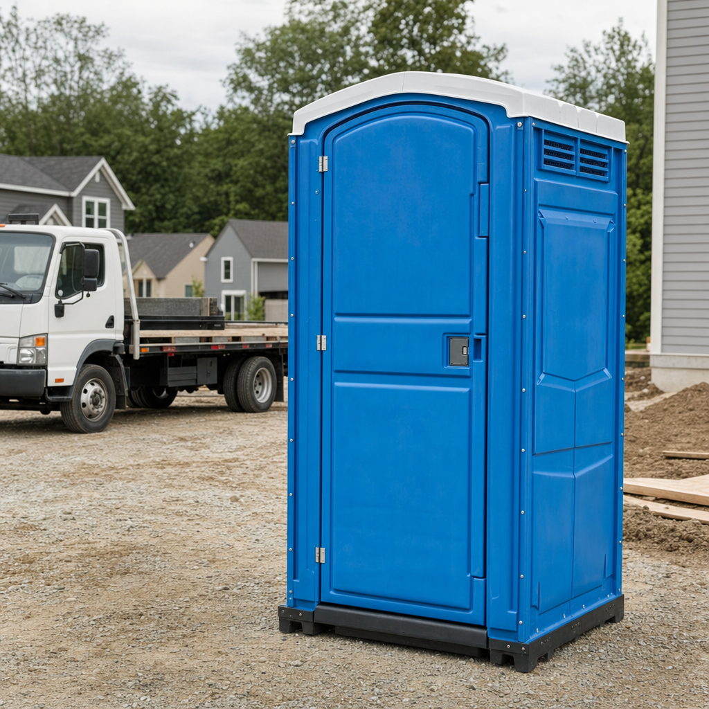 Delivery driver positioning a clean royal-blue portable toilet on level ground at a Little Rock worksite