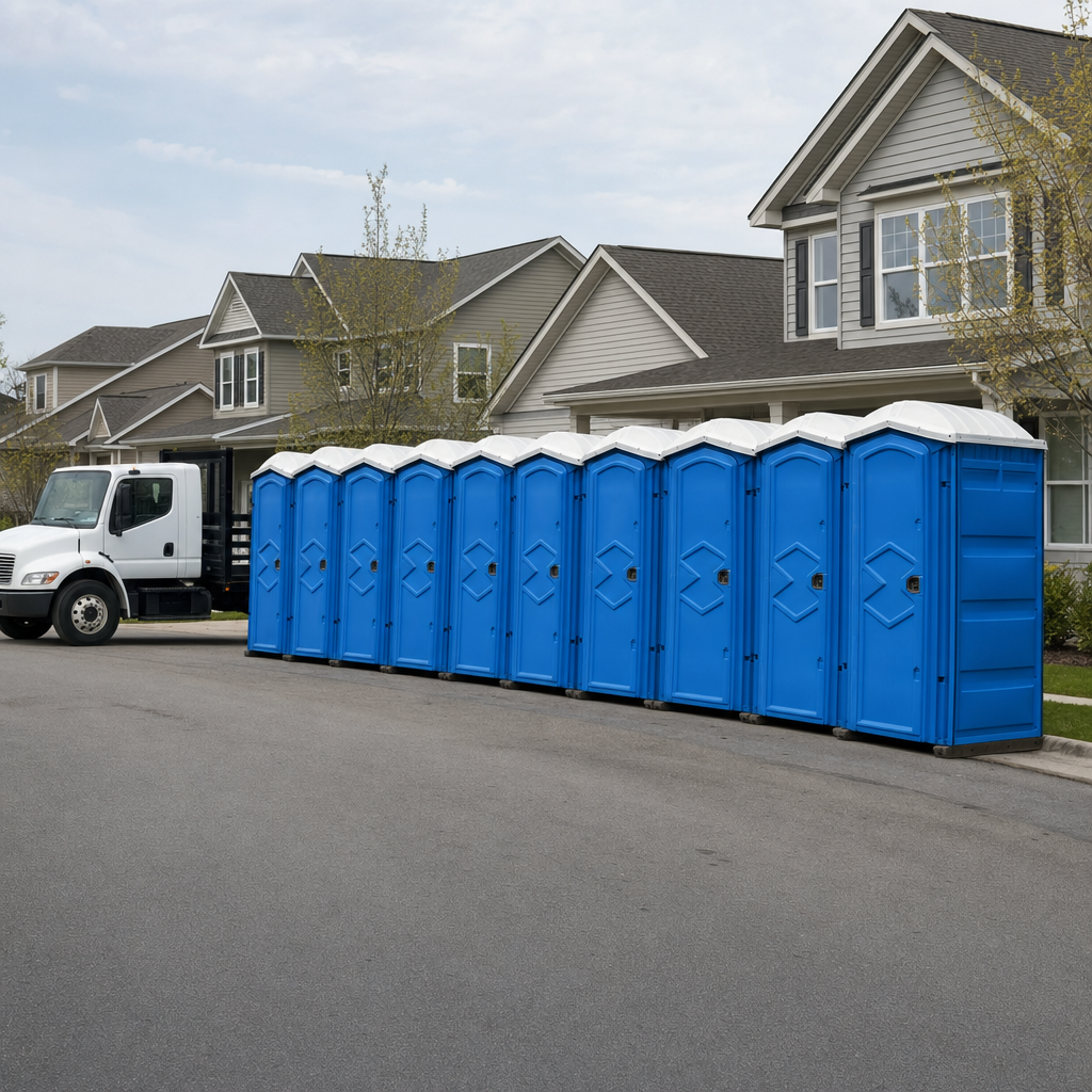 Royal blue portable toilets staged in a tidy row at a Little Rock jobsite, ready for delivery
