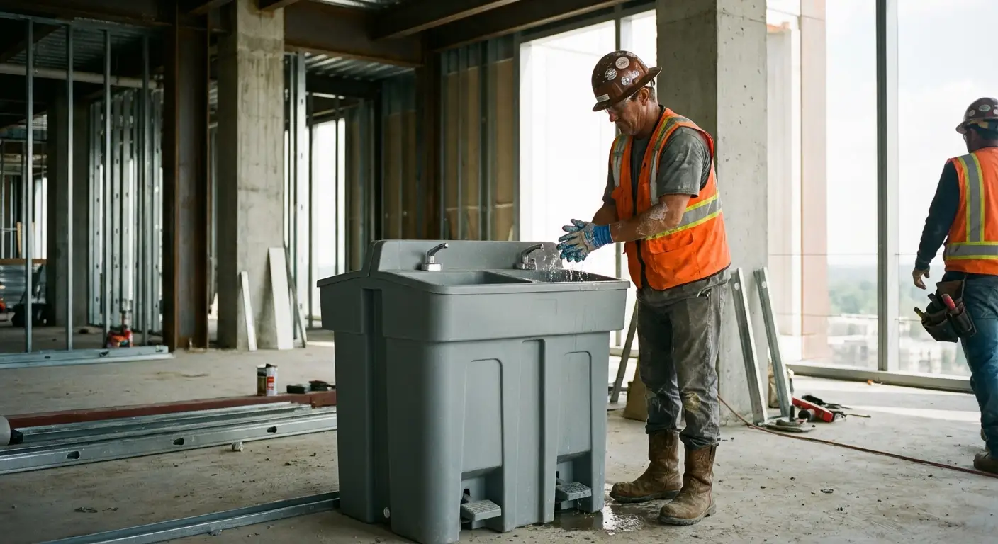 A dual-basin hand wash station positioned on a concrete floor of a high-rise construction site with the city skyline visible through open steel framing. in Little Rock, AR