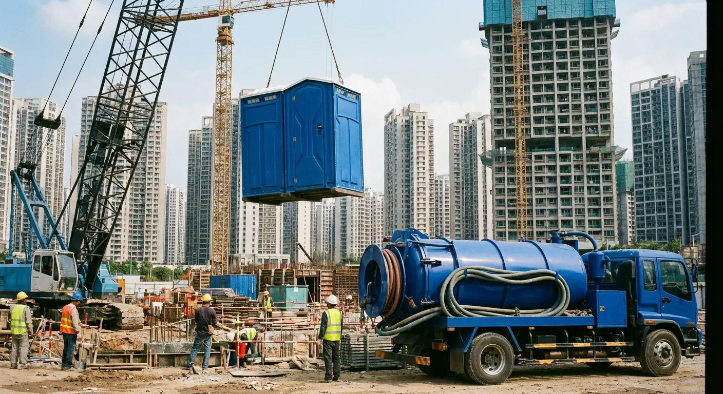 A High-Rise Crane Liftable Toilet unit suspended in mid-air by a crane against a city skyline during the day, showcasing the steel sling attachment. in Little Rock, AR