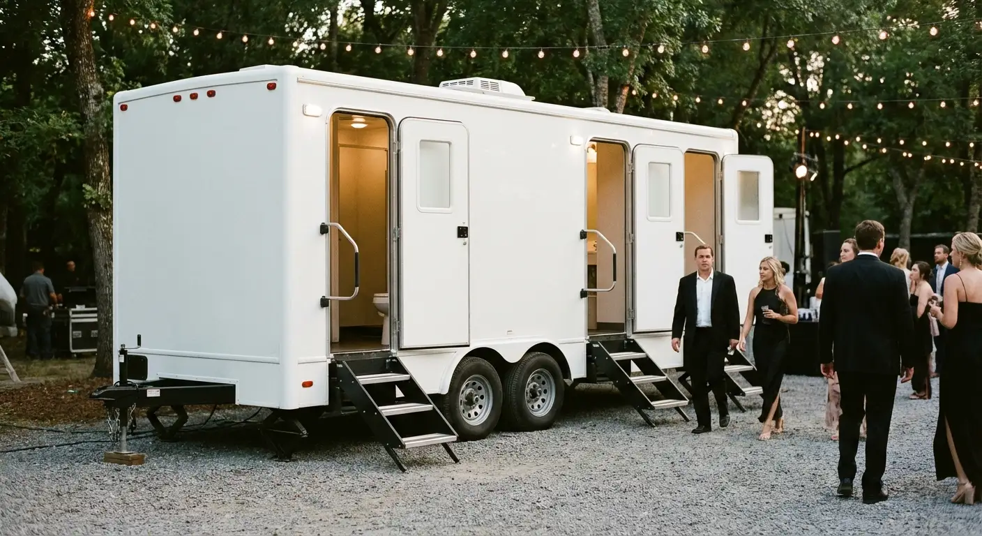 Exterior of a Luxury Restroom Trailer at an evening event, warm lighting spilling from the door, positioned discreetly near a manicured lawn. in Little Rock, AR