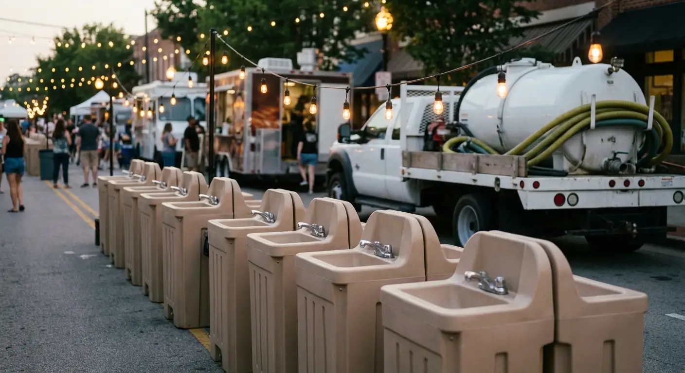 A row of clean, grey portable hand wash stations set up on pavement near food trucks, with blurred festival lights and crowd in the background. in Little Rock, AR