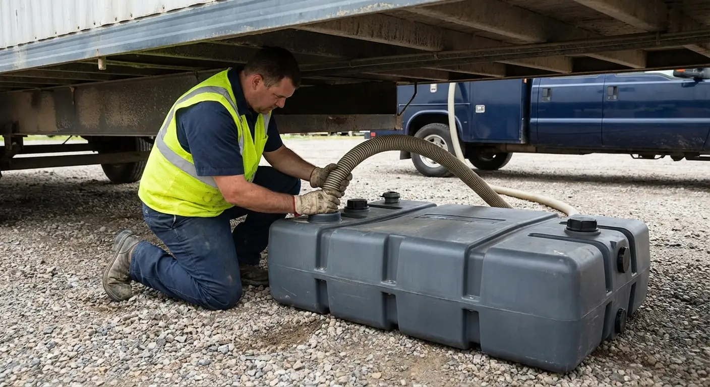 Rock City Portables vacuum truck servicing a waste holding tank at a construction site in Little Rock, AR