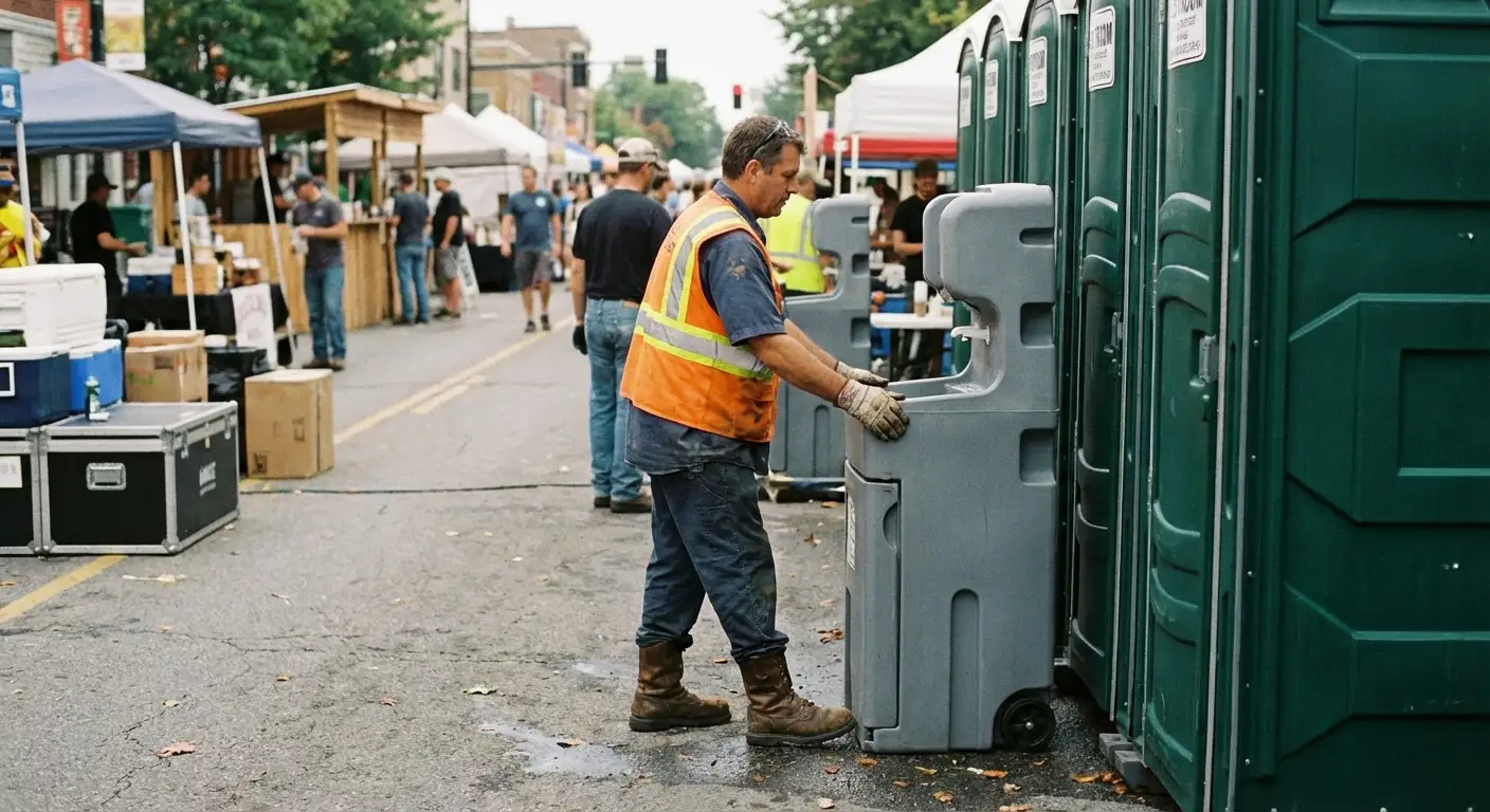 A row of pristine Special Event Portable Restrooms and hand wash stations lined up along a festival barrier with blurred crowds in the background. in Little Rock, AR