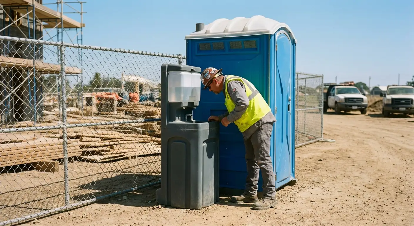A close-up view of a portable hand wash station next to a portable toilet on a dirt construction site, focusing on the foot pump mechanism. in Little Rock, AR